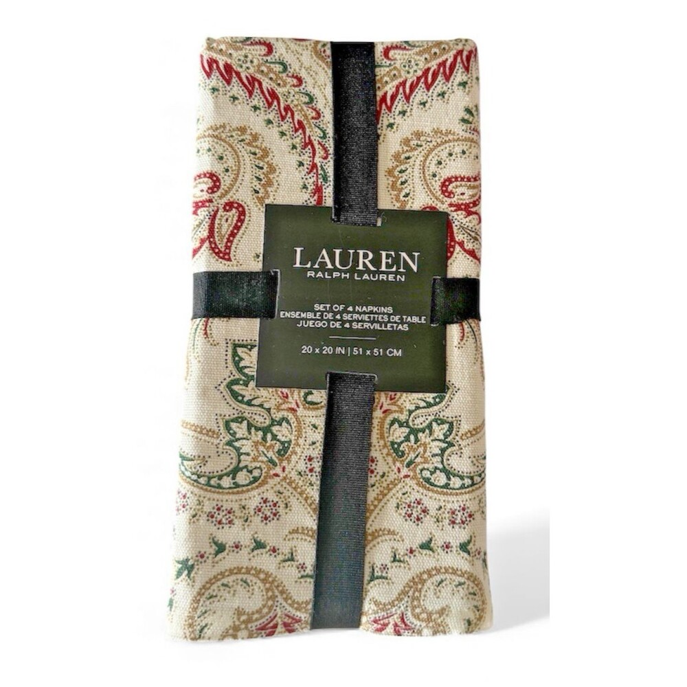 Ralph Lauren Paisley Napkins Fabric Holiday Ivory Red Gold Green Set Of 4